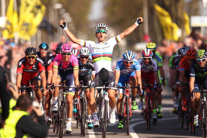 Michal Kwiatkowski corssing the finish line, Amstel Gold Race